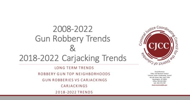 image displays cover page of powerpoint presentation of gun robbery and carjacking trends with cjcc logo and typed text
