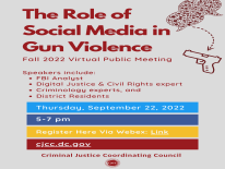 A flyer detailing event information and an image of a word bubble with an arrow pointing to a gun.