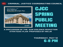 Image displays promotional flyer for public meeting with information on the time day and place of the meeting and an image of the NICJR Gun Violence Reduction Strategic Plan report
